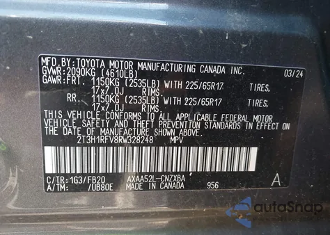 2024 Toyota Rav4 Le из США, поврежденный, VIN 2T3H1RFV8RW328248